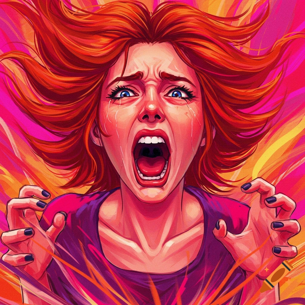 A woman with red hair screams in distress