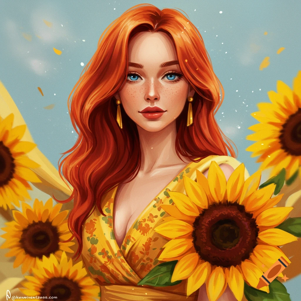 A red-haired woman with blue eyes wears a yellow dress amidst a field of sunflowers.