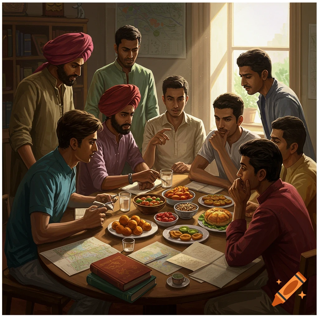 Group of South Asian men discussing around a table with maps, books, and food.