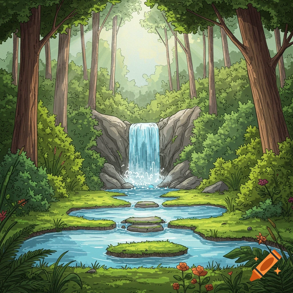 Cartoon illustration of a forest waterfall flowing into ponds