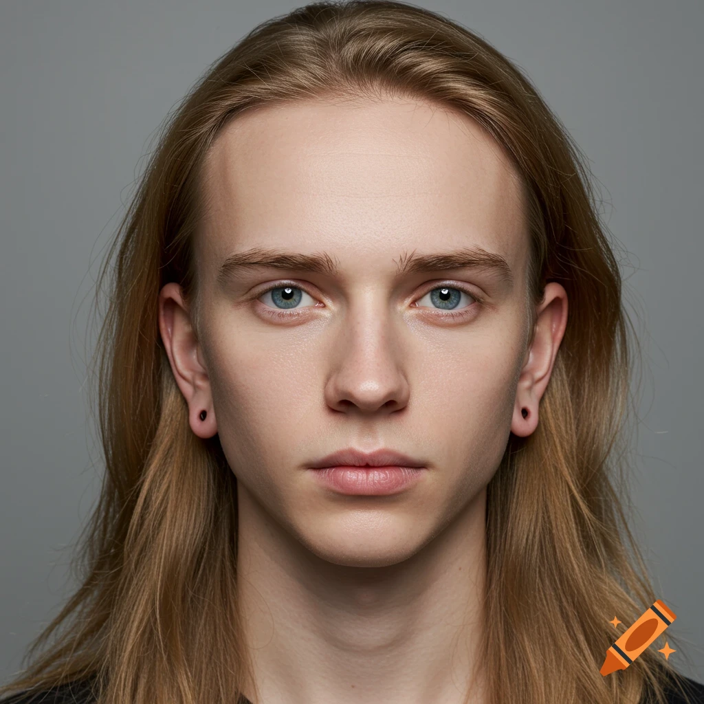 Close-up photorealistic portrait of a young person with long blonde hair and blue eyes against a grey background.