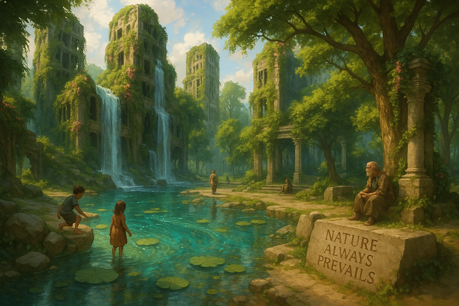 City ruins reclaimed by nature with waterfalls and lush vegetation