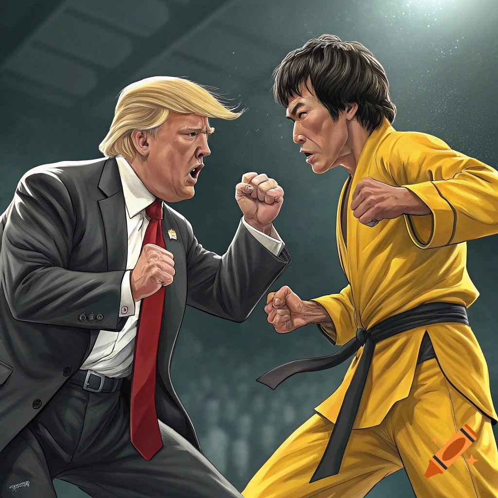 Stylized illustration of Donald Trump fighting Bruce Lee.