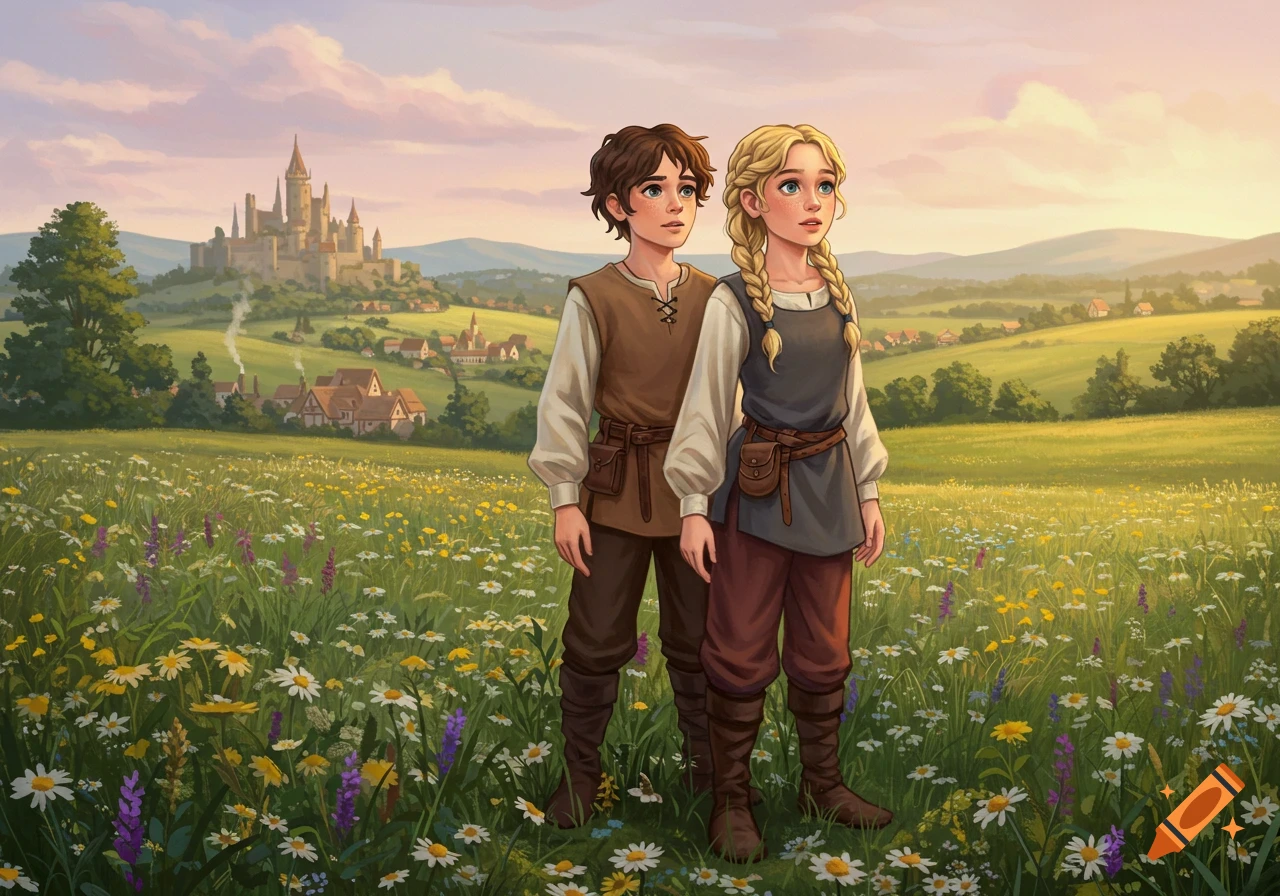 Two young people in medieval clothes in a flowery field with a castle