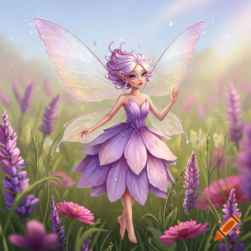 A fairy in a purple dress standing in a lavender flower field.