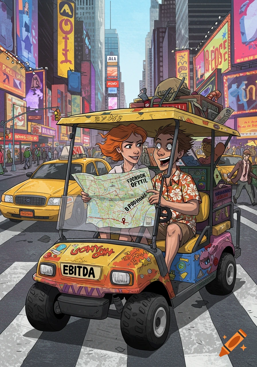 Cartoon illustration of a couple looking at a map in a golf cart on a busy city street.