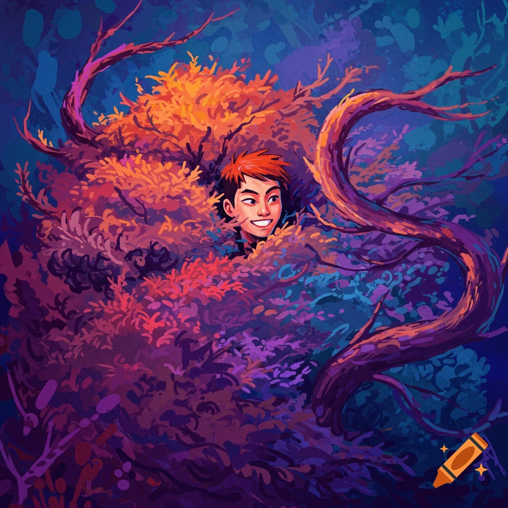 A person peeking from vibrant, stylized foliage.
