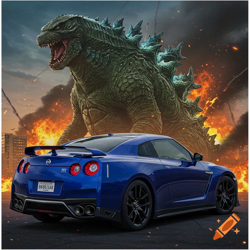 A blue Nissan GTR with a giant Godzilla in a fiery city background.
