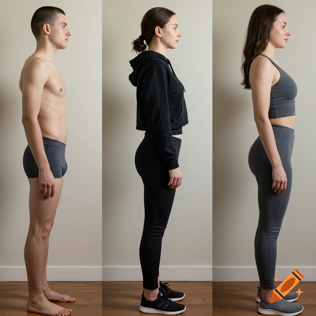 Side profiles of three people showing different body shapes and athletic wear against a neutral background.