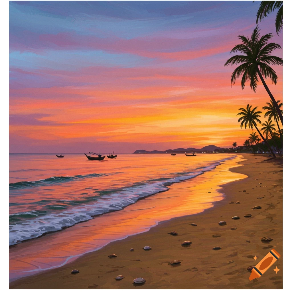A beach at sunset with palm trees and boats