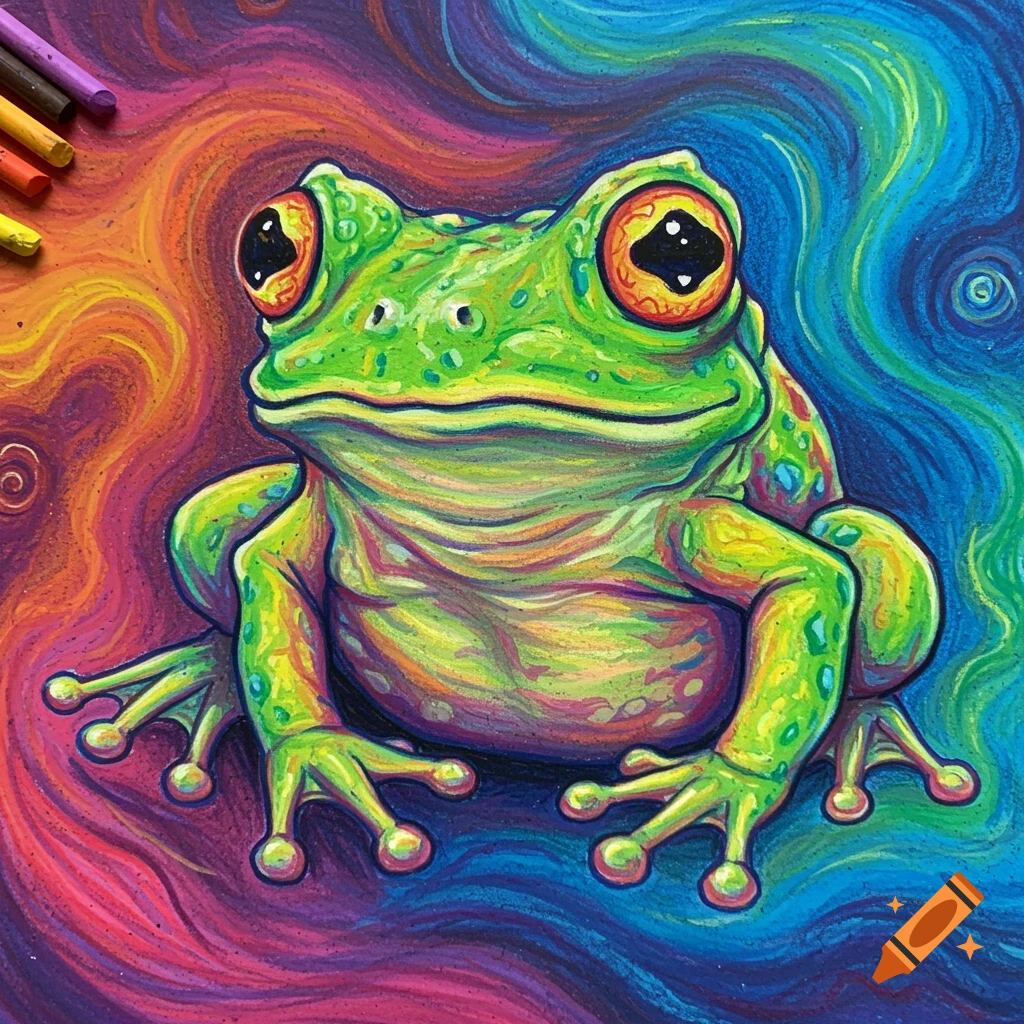 Vibrant crayon drawing of a frog in a psychedelic style.