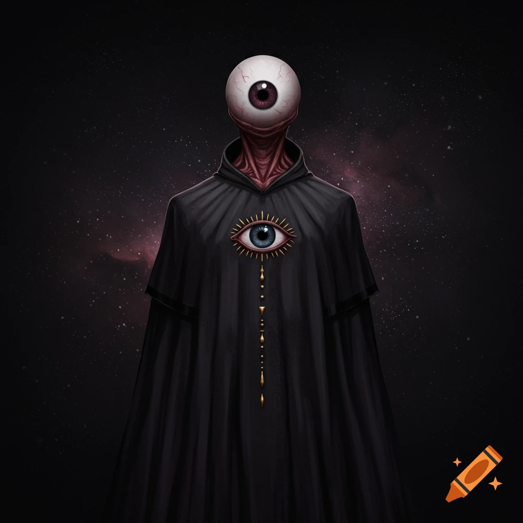 A humanoid figure with an eyeball for a head is cloaked in black with an eye on the garment, standing before a dark, cosmic backdrop.