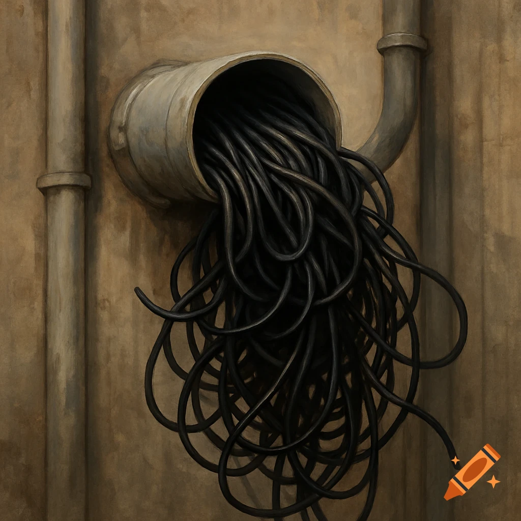 A pipe overflows with black wires on a wall.
