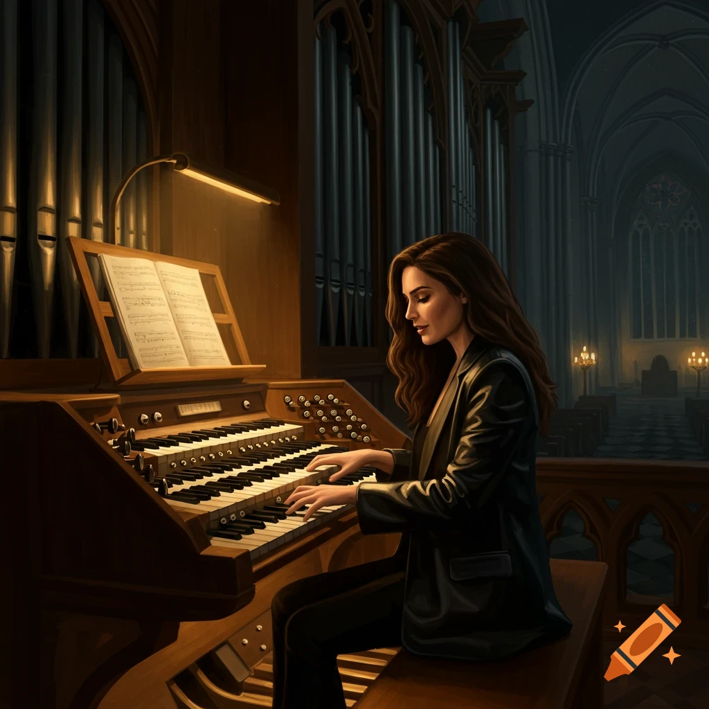 A woman playing a pipe organ in a church.