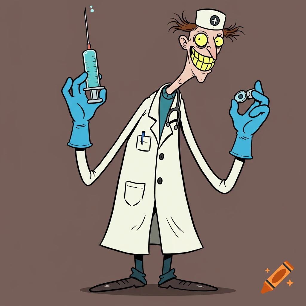 Cartoon illustration of a skinny doctor holding a syringe and other medical tool.