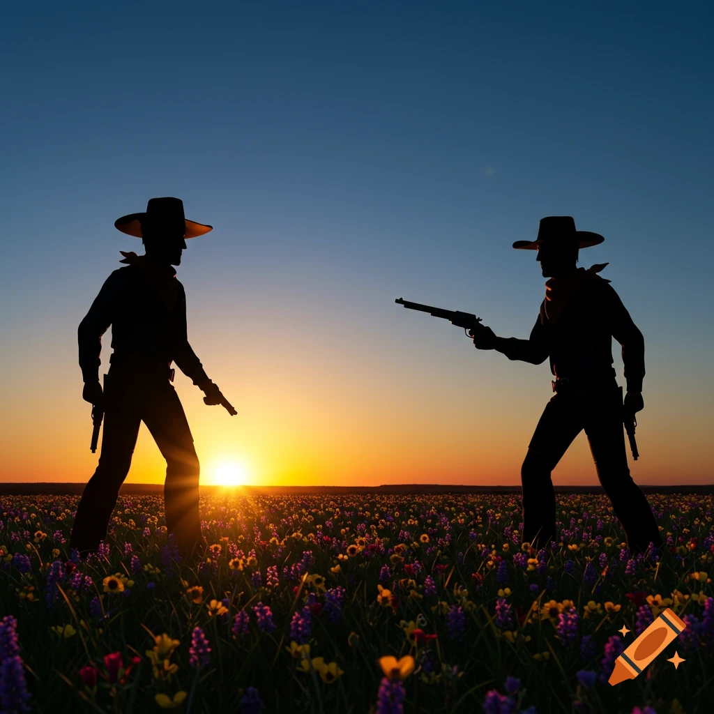Silhouettes of two cowboys in a flower field at sunset, preparing to draw weapons.
