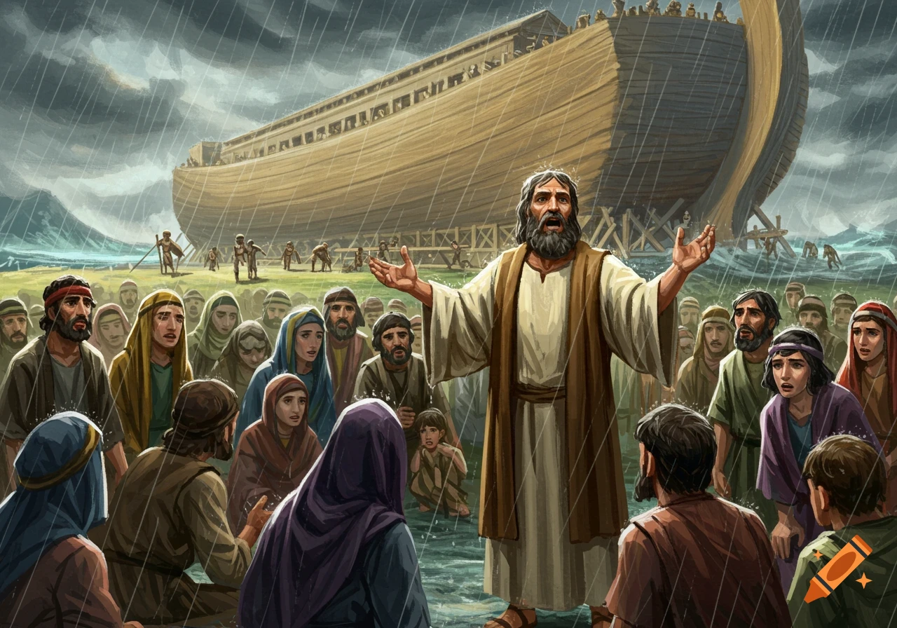 Noah preaching to a crowd in the rain with the ark being built in the background.