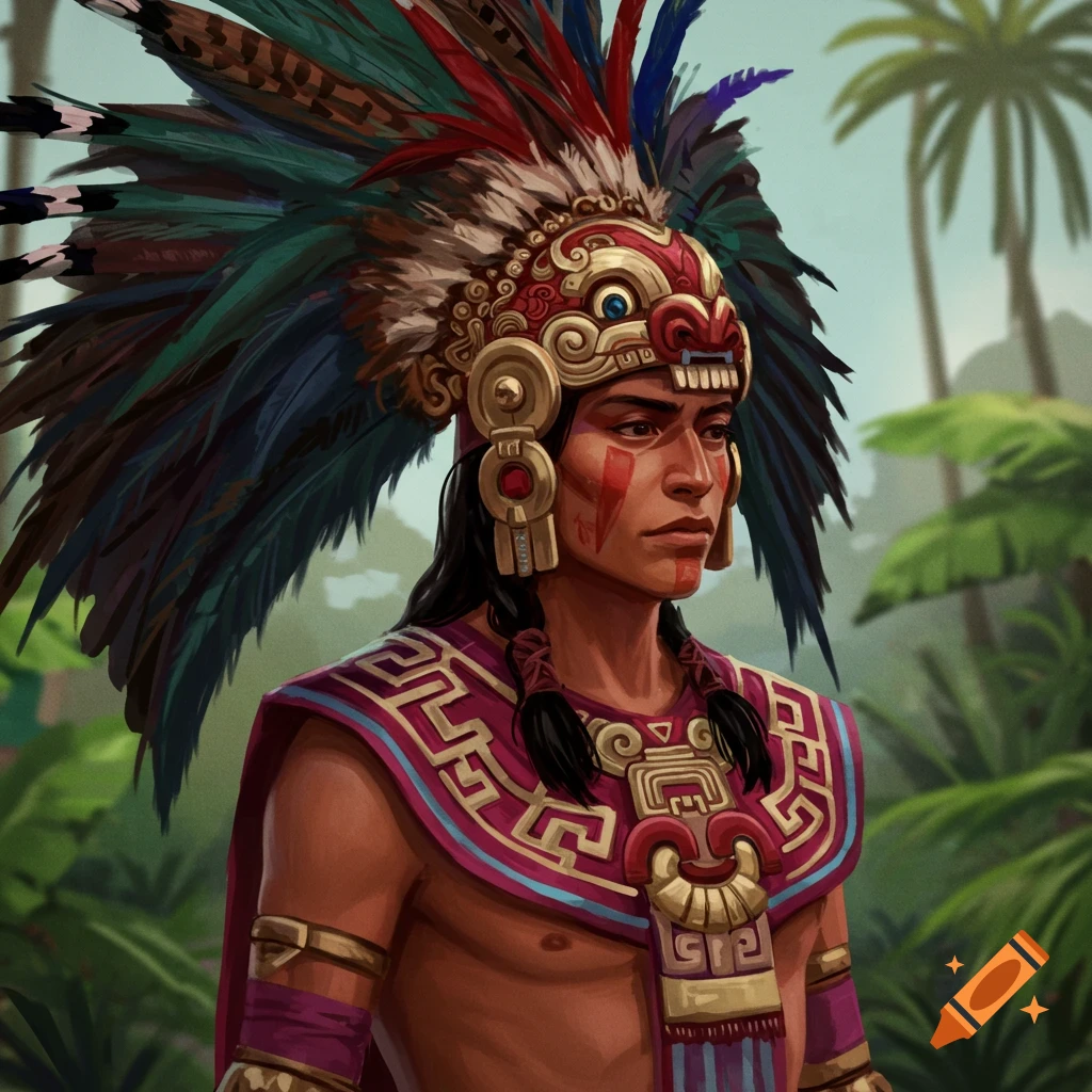 A young Aztec man in ceremonial headdress and attire, with red face paint, stands in a jungle