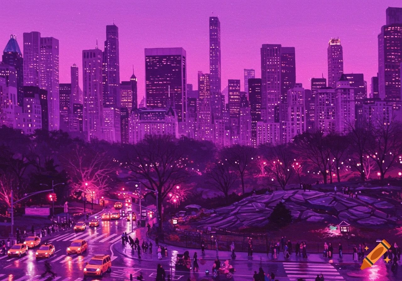 A purple-toned image of the New York City skyline at night, with lit buildings, trees, traffic, and pedestrians.