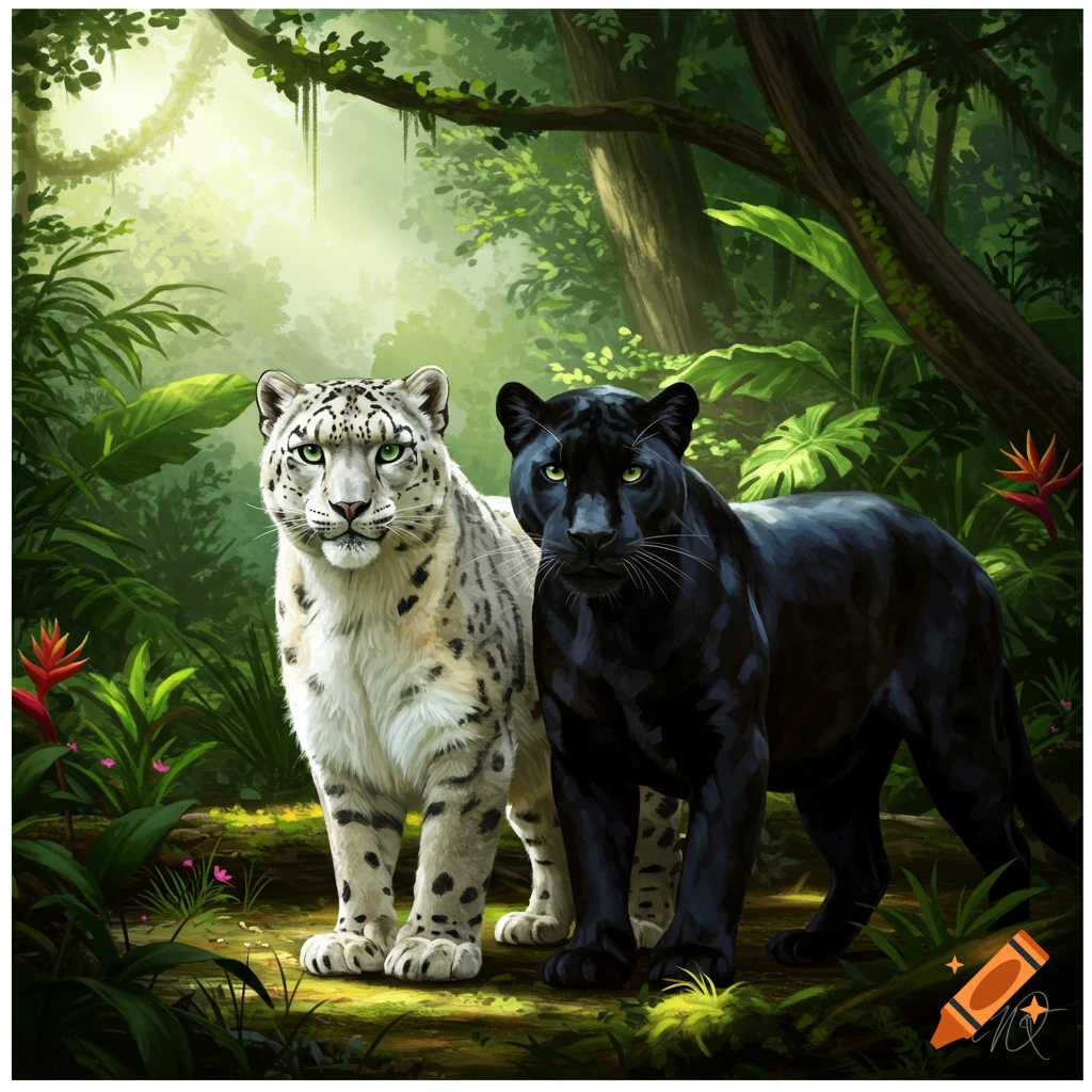 A snow leopard and a black panther are standing in a rainforest.