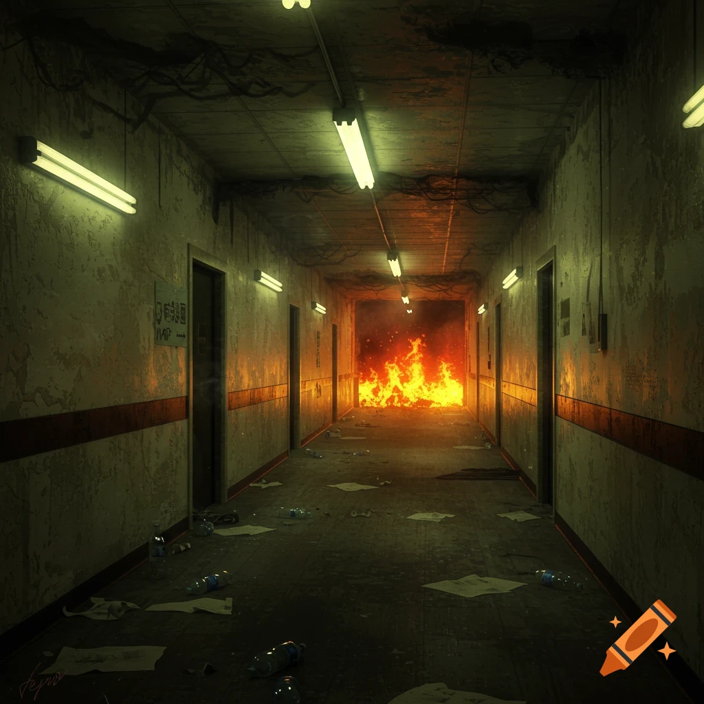 A dark, decaying hallway with fire blazing at the far end