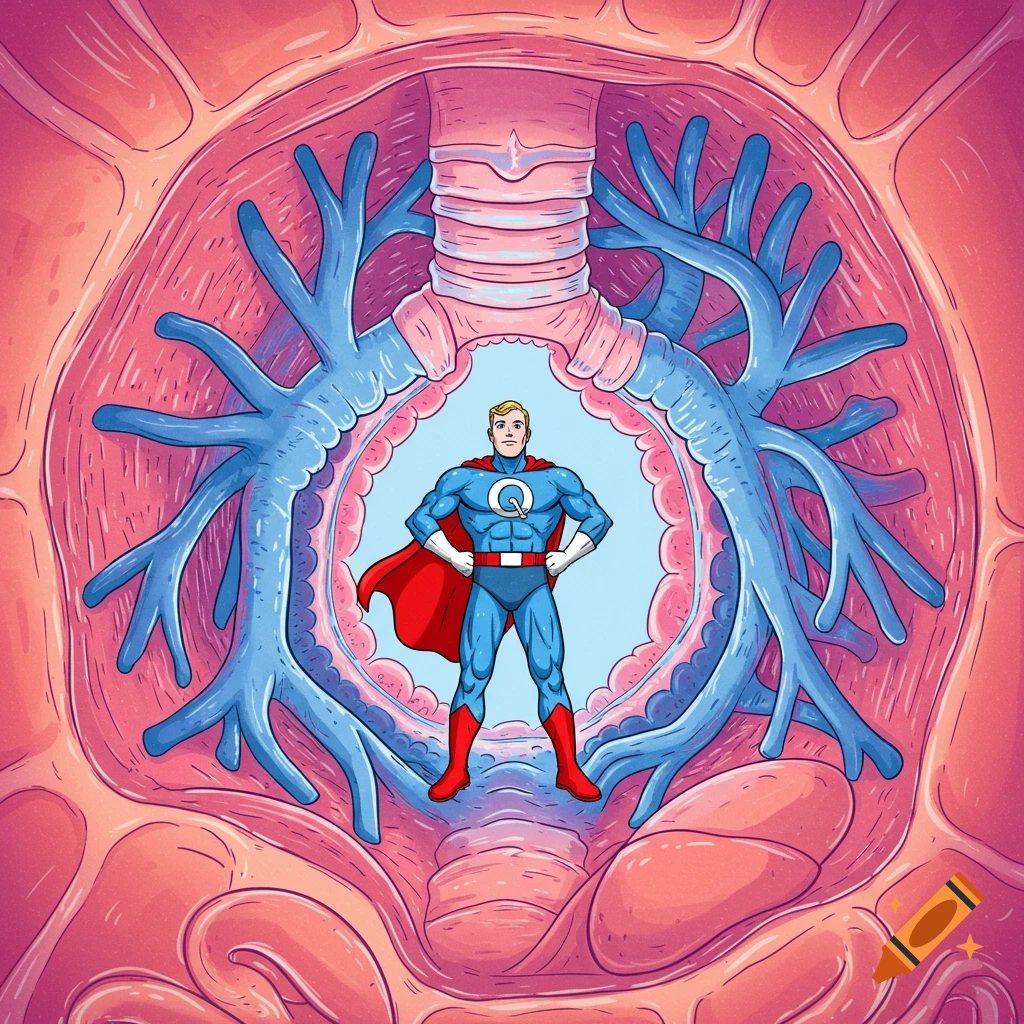 Illustration of a superhero with a Q emblem standing inside a human trachea and lungs.