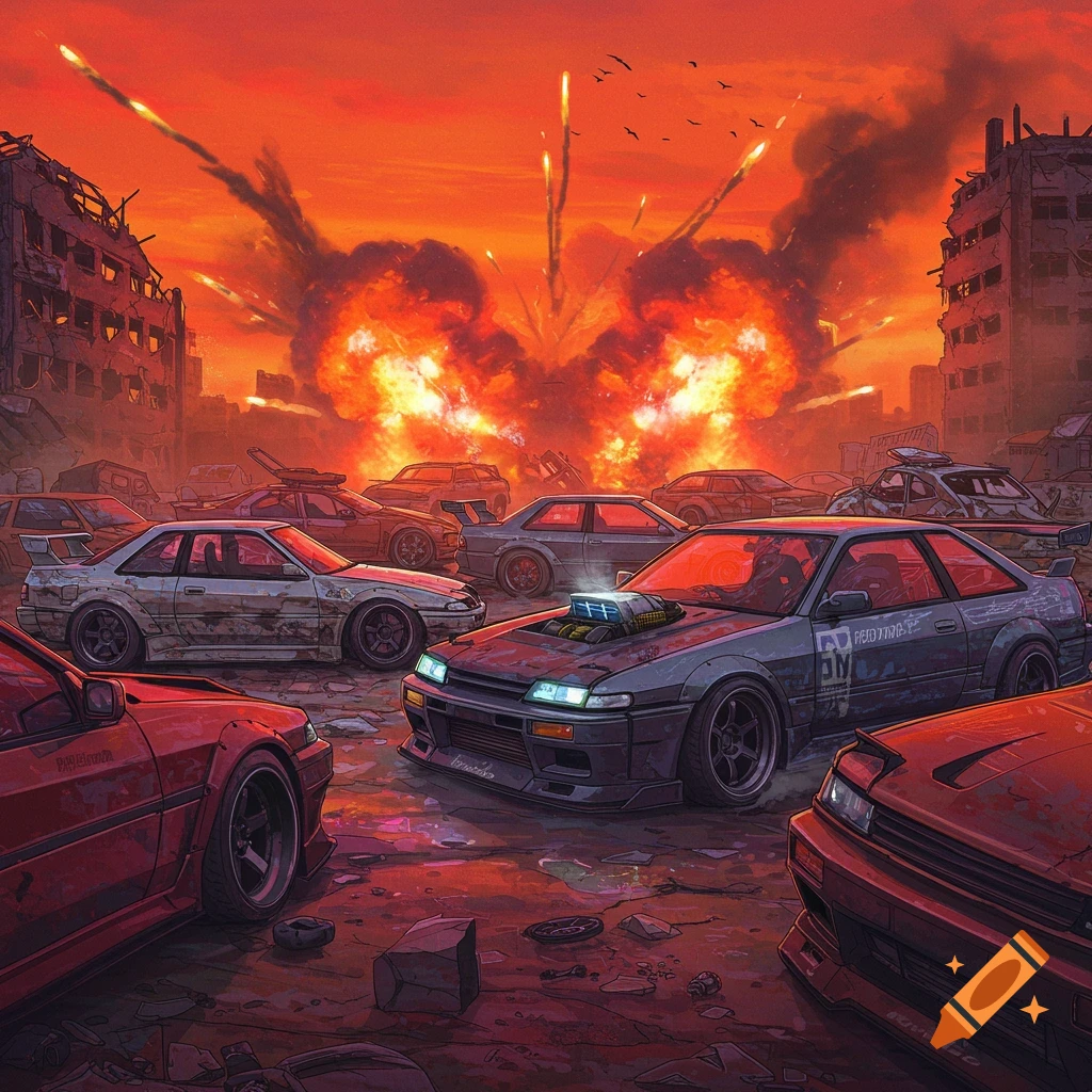 JDM cars in an apocalyptic city scene with explosions.