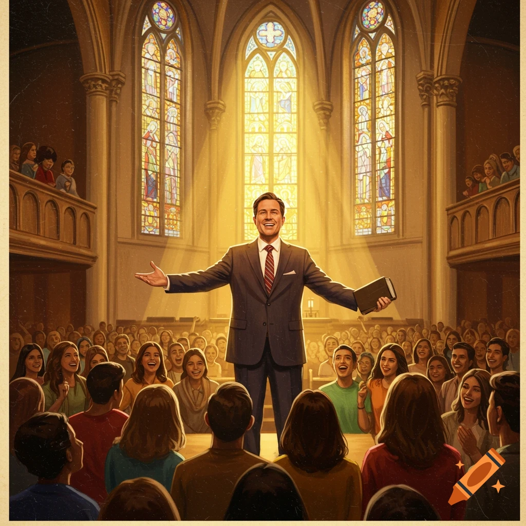 A man preaches in a church to a large crowd.