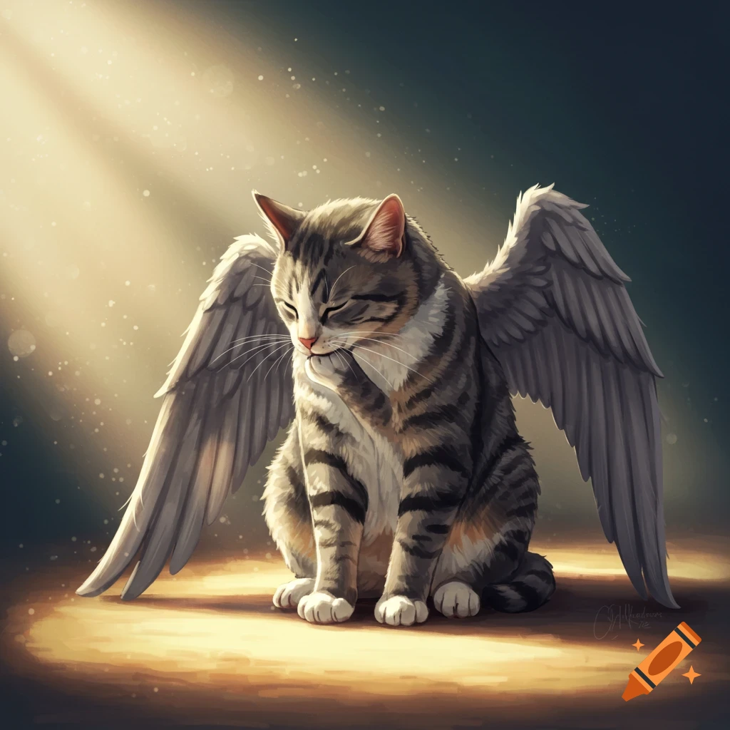 A tabby cat with wings is sitting in a ray of sunshine.