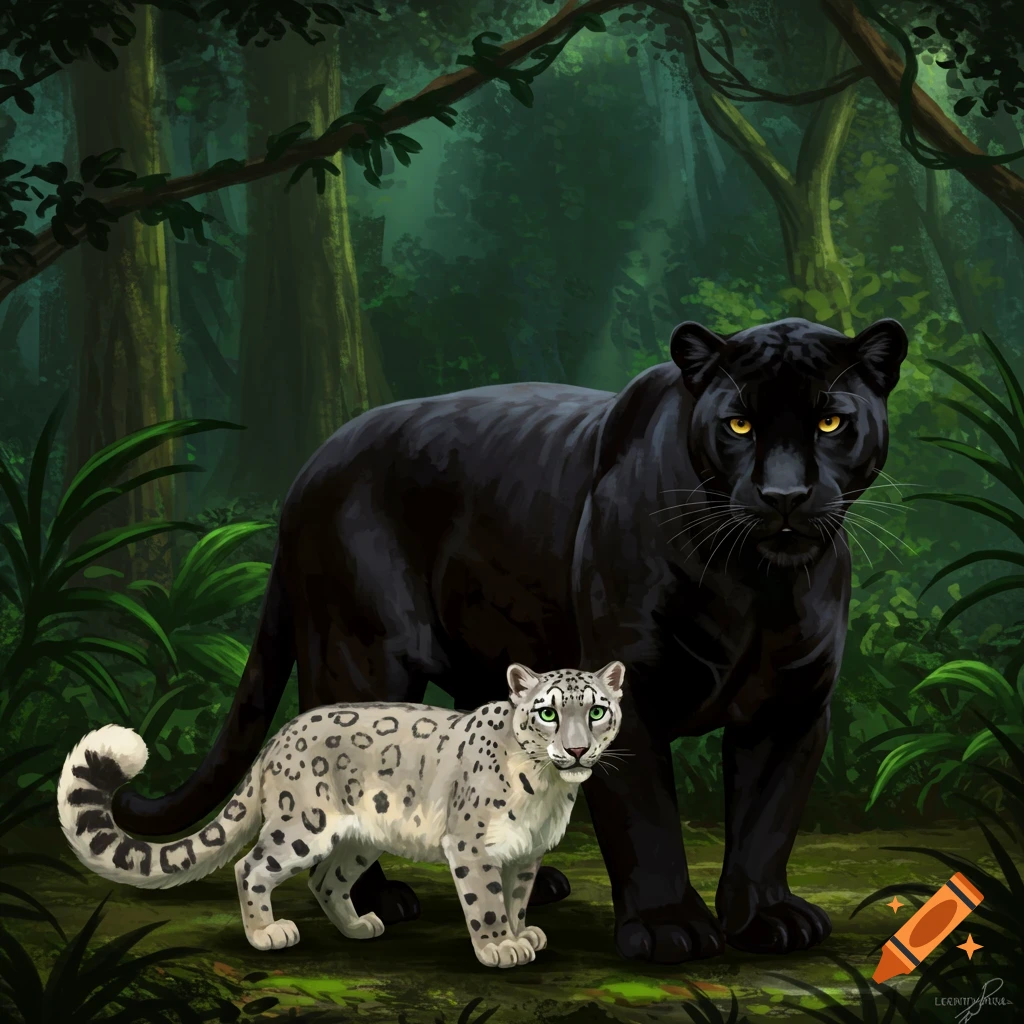 A black panther and a snow leopard are standing in a rainforest.