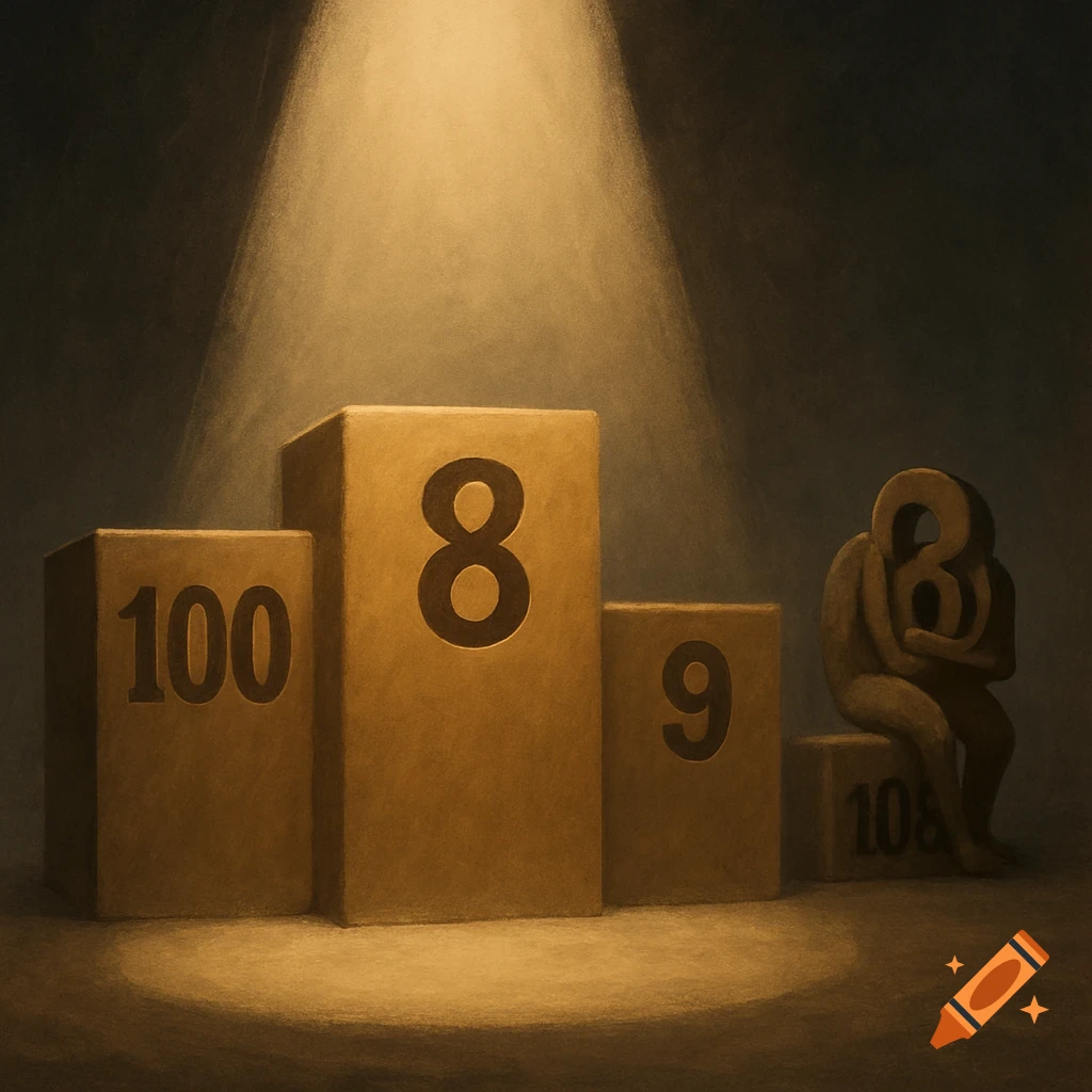 A podium displaying the numbers 100, 8, and 9 is illuminated by a spotlight. Nearby, a figure formed from the number 108 sits in a sulking posture.