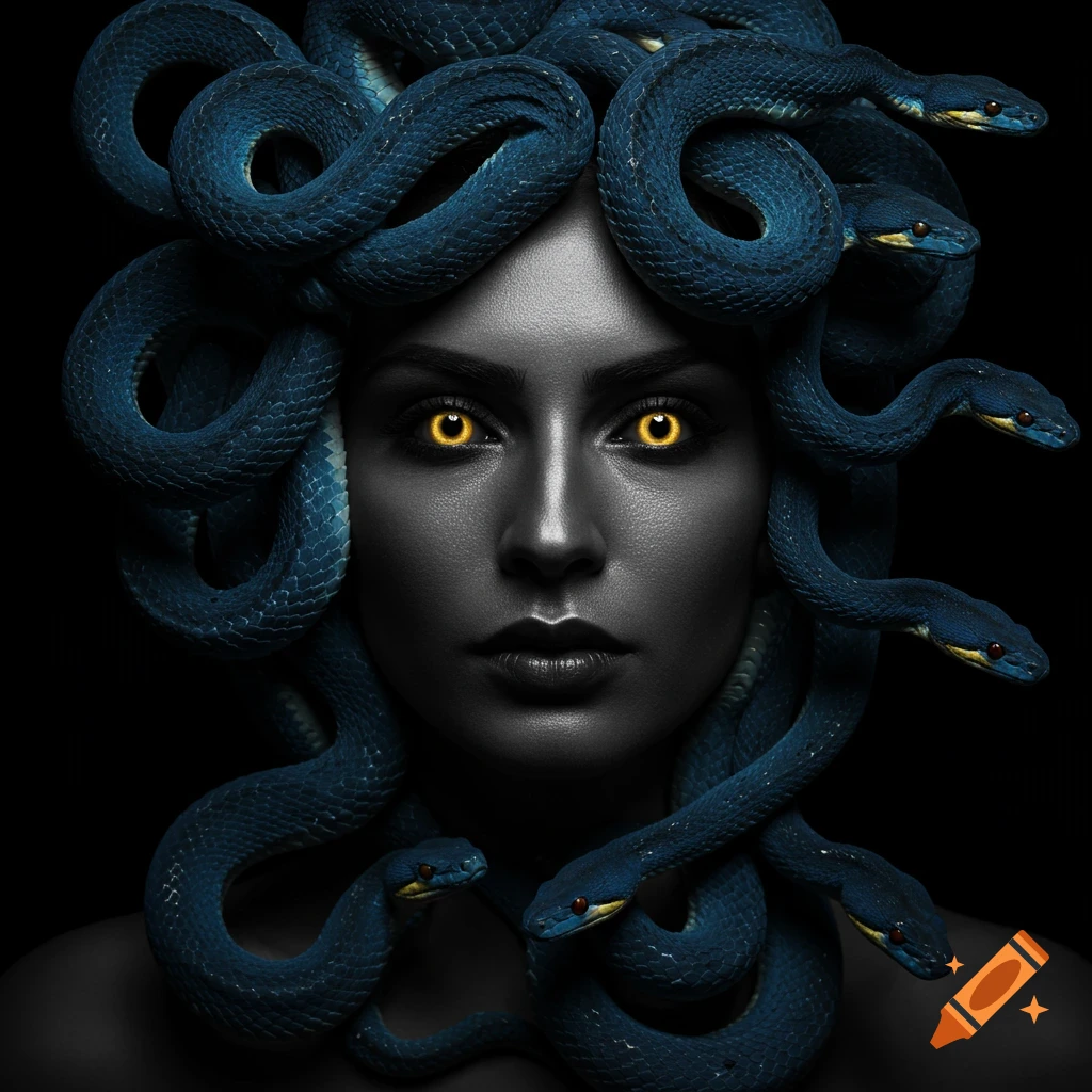 Portrait of a Gorgon woman with phthalo blue snakes for hair and bright golden eyes.