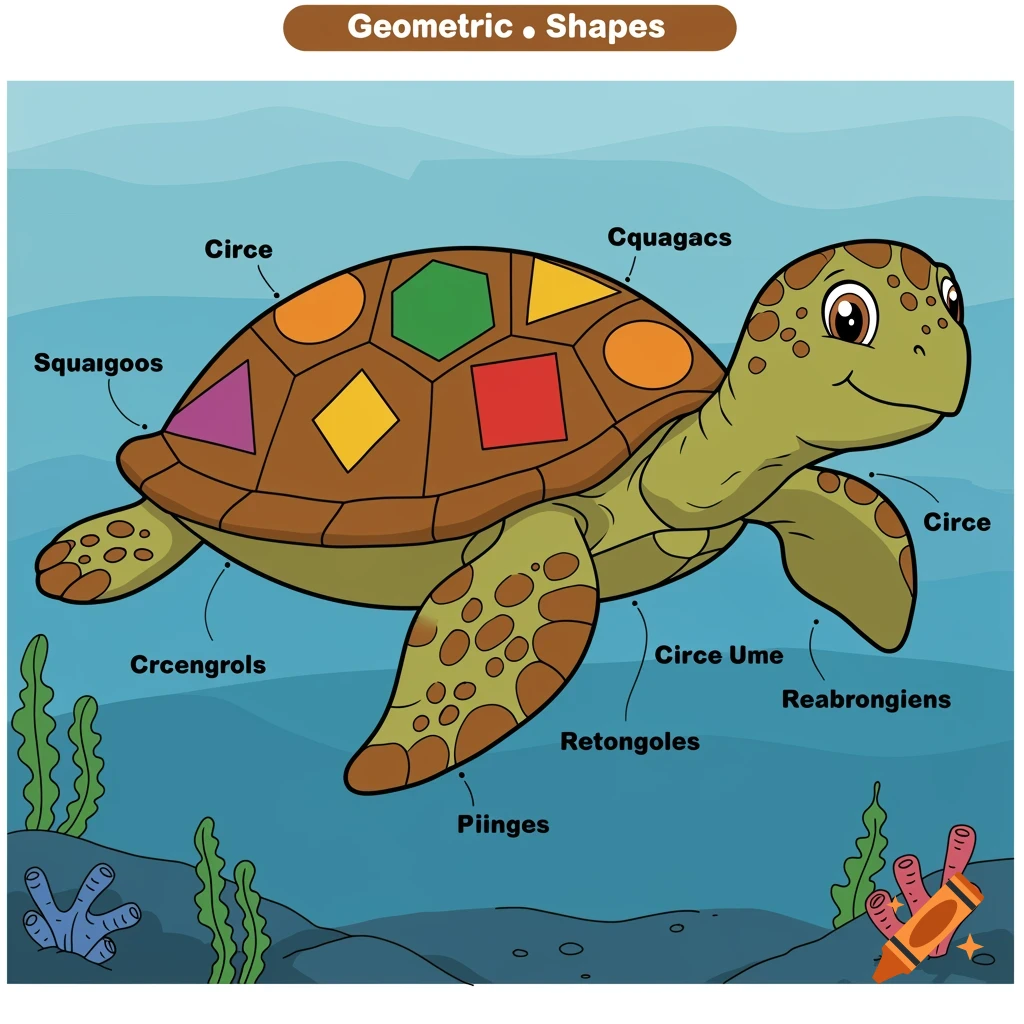 Turtle worksheet with geometric shapes on Craiyon