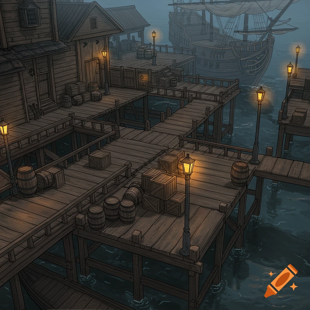 A moody image of a complex wooden dock maze at night, with crates, barrels, lamp posts, and a large sailing ship.