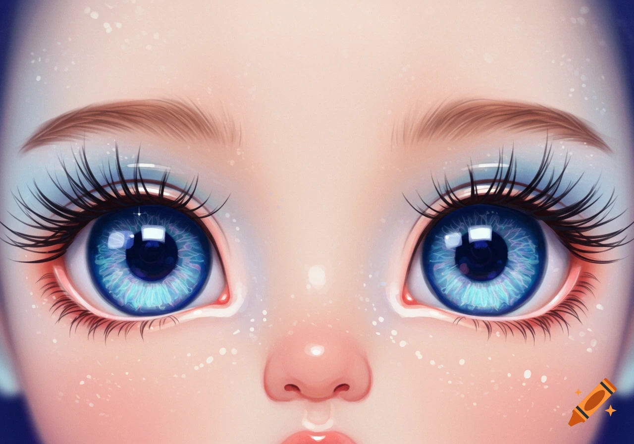 Close-up of large blue doll eyes