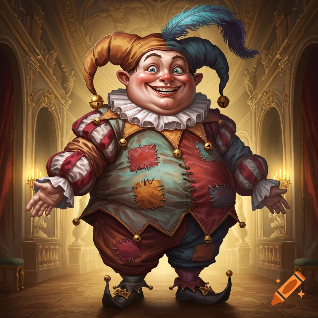 A smiling court jester in a patched costume stands in a grand hall.