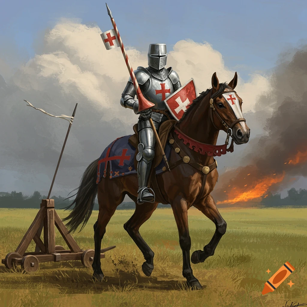 A knight in full armor rides a horse in a grassy field with a catapult and fire in the background.