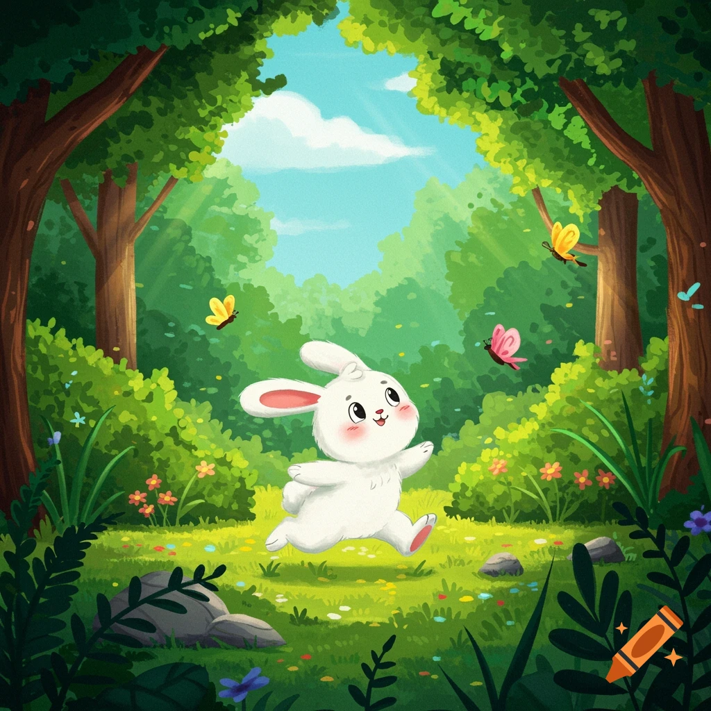 A whimsical cartoon rabbit hops through a vibrant forest with butterflies.