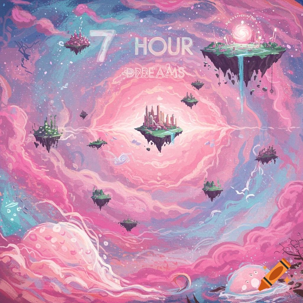 Floating islands with castles and text '7 HOUR DREAMS' in a pink and blue cloudy sky.