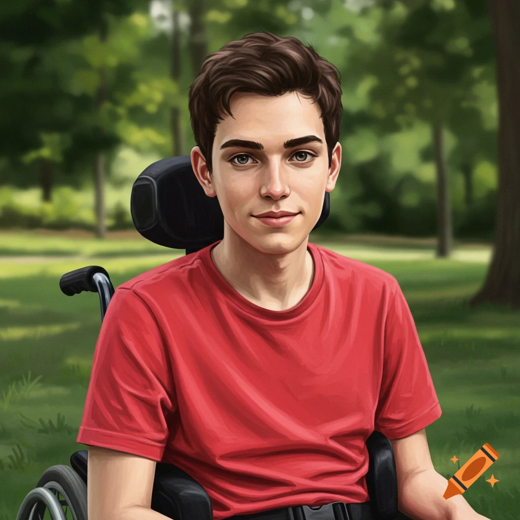 A young person in a red shirt sits in a wheelchair in a park.