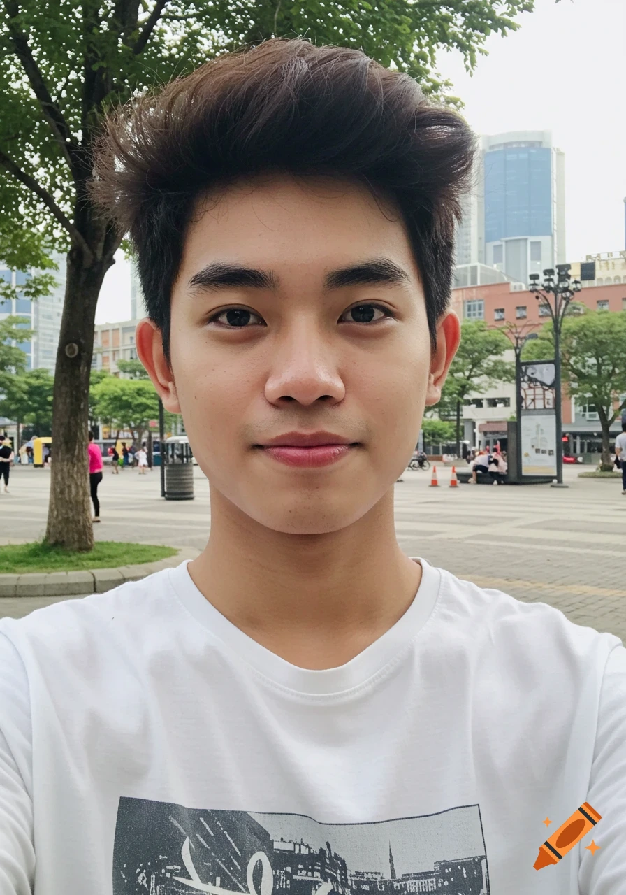 Selfie of a young man in a city square.