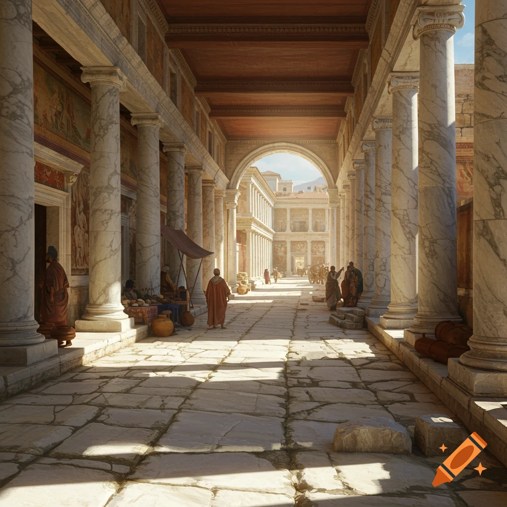 an ancient colonnaded street with people and buildings