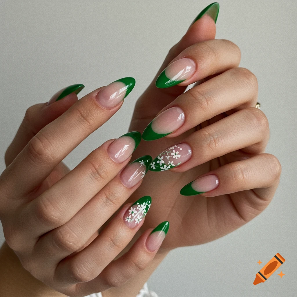 Hands with almond shaped nails, green French tips, and white flower art