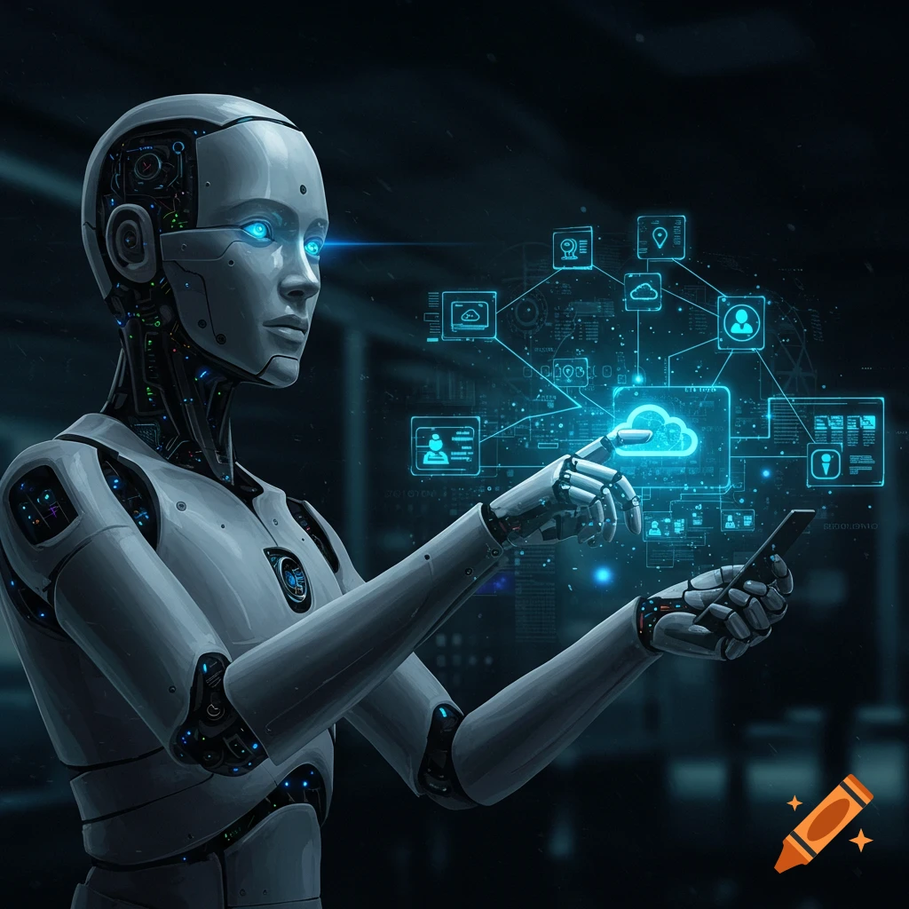 A robot interacts with a holographic cloud computing interface while holding a phone.
