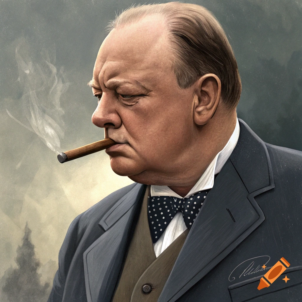 Stylized portrait of Winston Churchill smoking a cigar