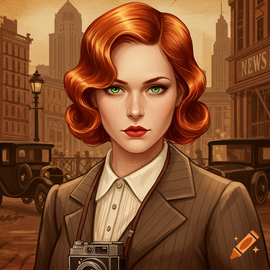 A red-haired female reporter with green eyes in a 1920s city, holding a camera.