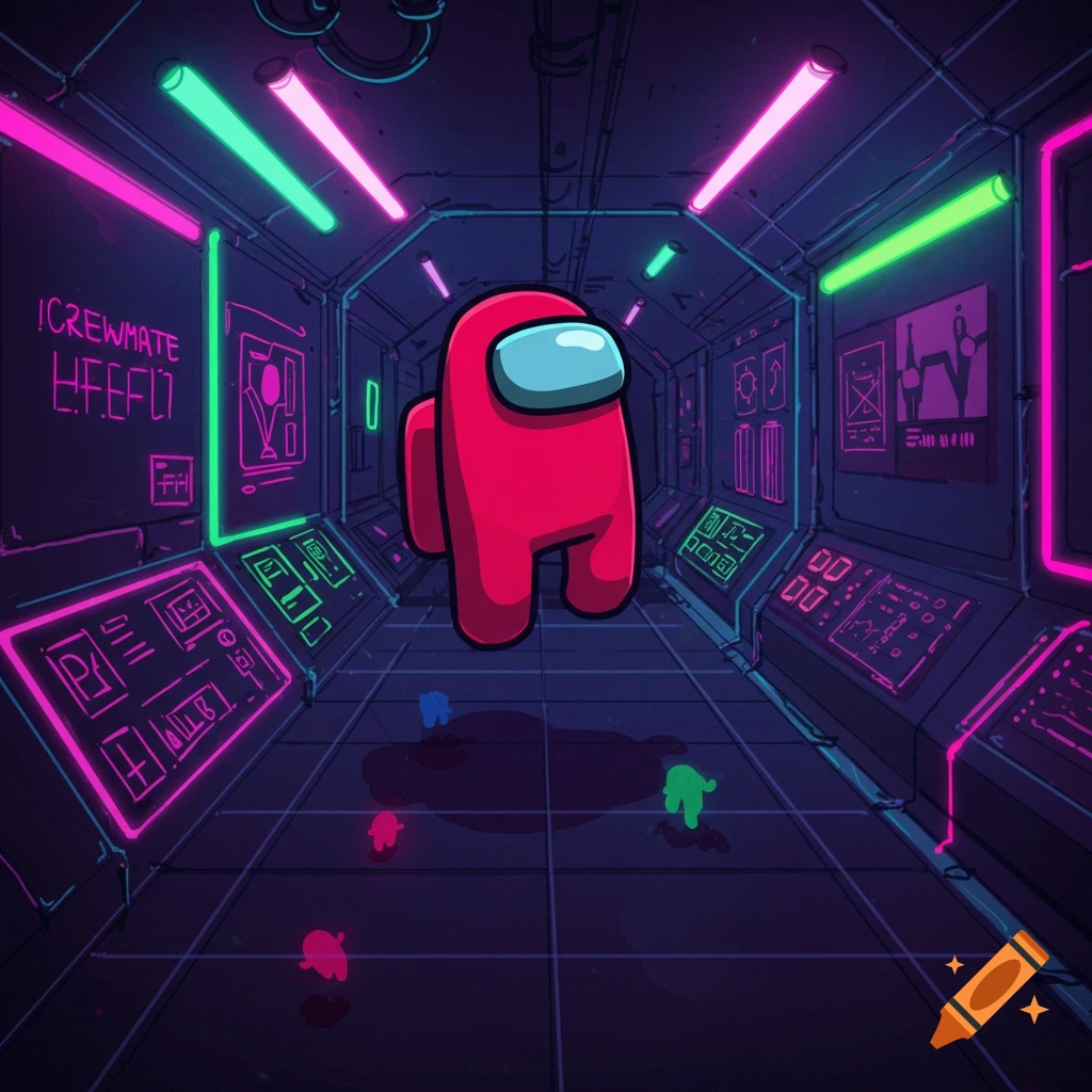 Red Among Us crewmate in a neon spaceship corridor with small figures on the floor.