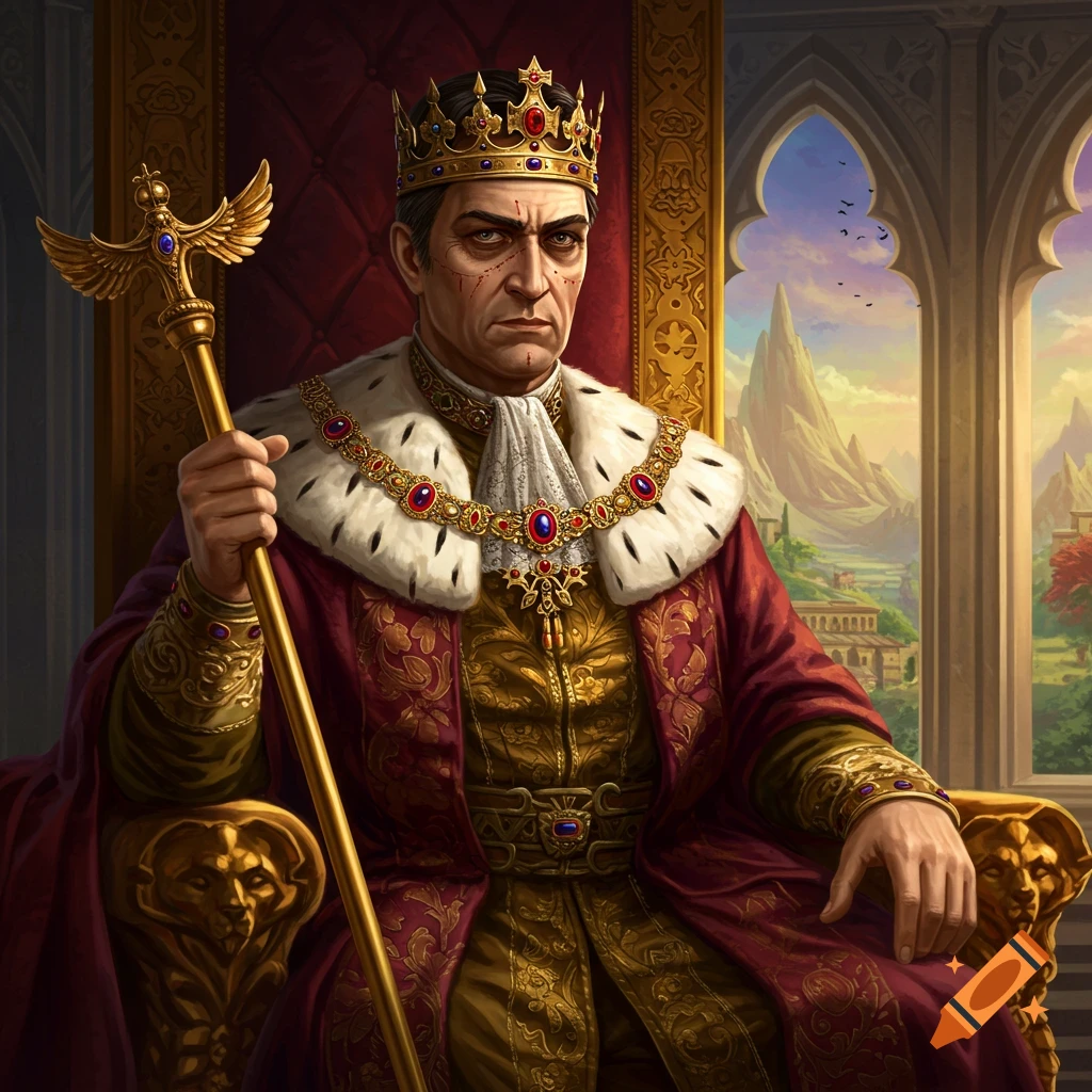 A stern king sits on a throne holding a scepter, with a fantasy landscape background.