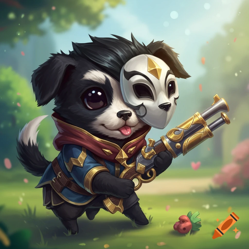 Cute puppy dressed as League of Legends character Jhin, holding a gun in a park.