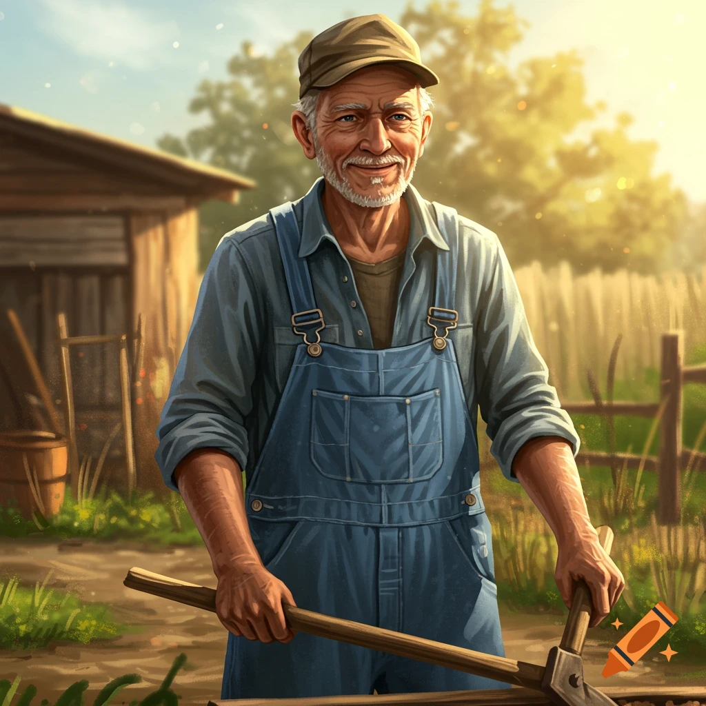 An old man in overalls smiles, holding farm tools in a sunny rural setting.